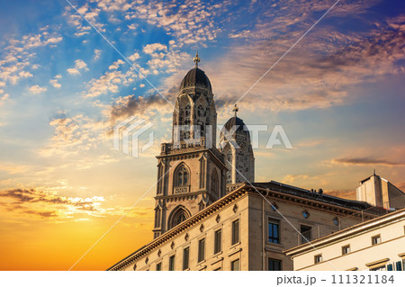 Grossm nster Romanesque-style Protestant church at sunset, Z rich, Switzerland 111321184