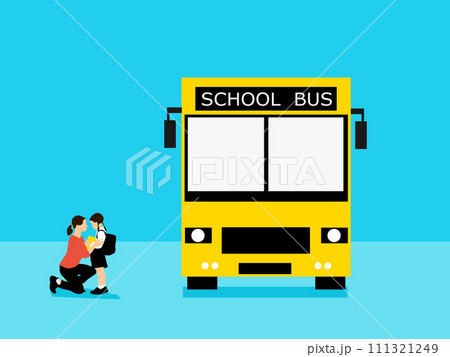 A mother is dropping off her child to catch the school bus.blue background. A mother is dropping off her child to catch the school bus.blue background. 111321249