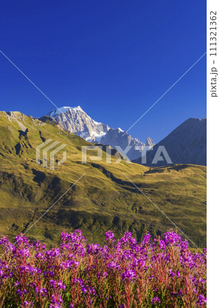 Landscape near Col du Petit-Saint-Bernard with Mont Blanc, on border France and Italy 111321362