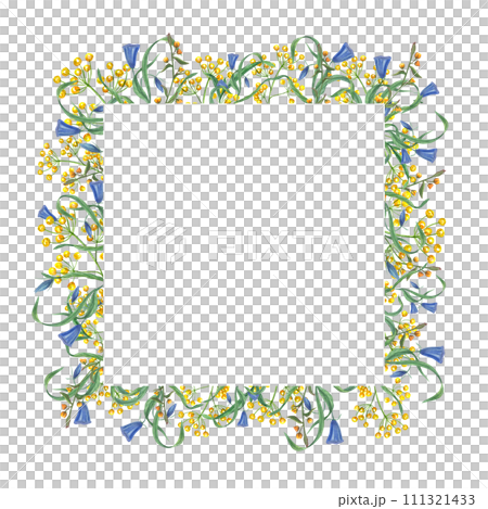 Spring meadow flowers. Square frame with copy space for text. Yellow, blue blooming flowers. Watercolor birthday illustration. For greeting, cards design, invitation template. 111321433