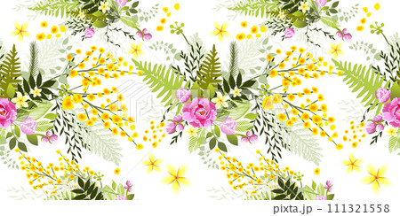 Seamless spring background with mimosa and flowers. Hand drawing. Not AI. Vector illustration 111321558