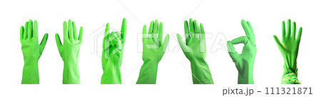 Hands in green rubber gloves for cleaning, showing gestures, ok, rock, hi isolated on white Hands in green rubber gloves for cleaning, showing gestures, ok, rock, hi isolated on white 111321871