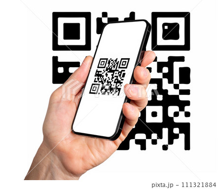 Scanning QR code with mobile phone application. QRcode scanner app on screen in hand isolated 111321884
