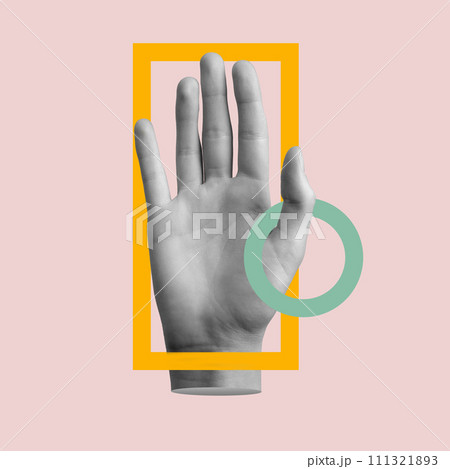 Modern art with hand palm and geometric shapes. Abstract creative contemporary concept Modern art with hand palm and geometric shapes. Abstract creative contemporary concept 111321893