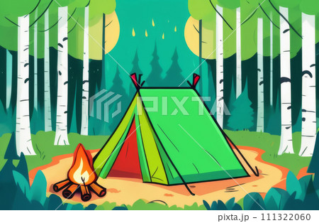 Tent and fire in a birch forest 111322060
