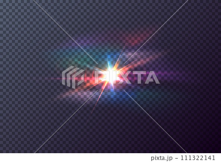 Vector red front sun lens flare transparent special light effect. Abstract in motion flare blur glow glare. Isolated transparent background design element. Star flash with rays and spotlight 111322141