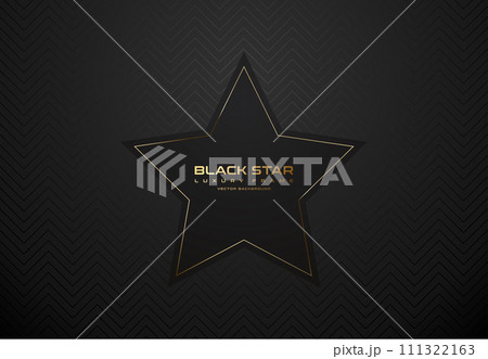Black label luxury star shape badge banner. Golden text on black sticker label gold frame tag. Dark geometric zigzag pattern background. Vector clear design illustration 111322163
