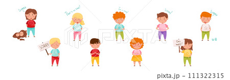 Upset Kid Feel Guilty and Sorry Expressing Regret Vector Set Upset Kid Feel Guilty and Sorry Expressing Regret Vector Set 111322315