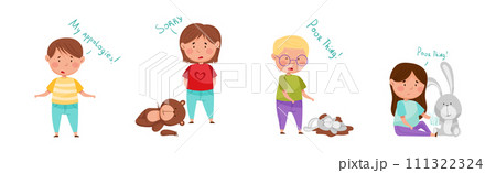 Upset Kid Feel Guilty and Sorry Expressing Regret Vector Set 111322324