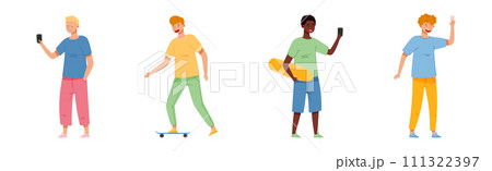 Young Man Teenager Student or Pupil Stand with Smartphone and Skateboard Vector Set 111322397