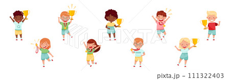 Cute Kids Winner Holding Trophy Cup and Medal Vector Set Cute Kids Winner Holding Trophy Cup and Medal Vector Set 111322403