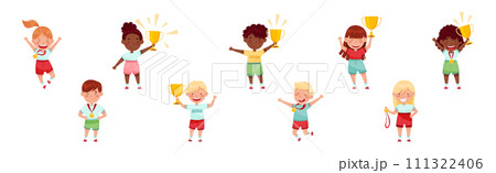 Cute Kids Winner Holding Trophy Cup and Medal Vector Set 111322406