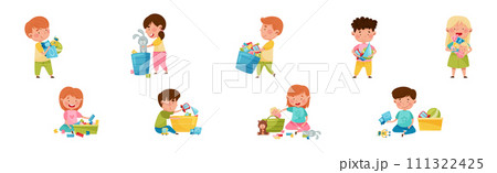 Funny Kids Playing with Different Toys in Playroom Vector Set 111322425