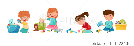 Funny Kids Playing with Different Toys in Playroom Vector Set 111322430