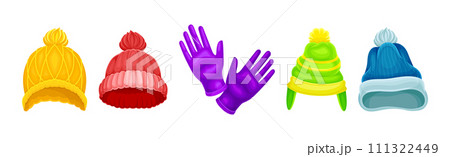 Winter Warm Clothes Accessory with Hat and Gloves Vector Set 111322449