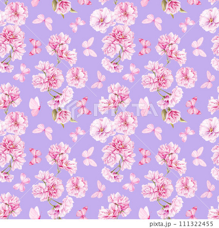 Spring sakura flowers and butterfly, watercolor lilac background. Seamless pattern. Pink floral hand drawn illustration Spring sakura flowers and butterfly, watercolor lilac background. Seamless pattern. Pink floral hand drawn illustration 111322455