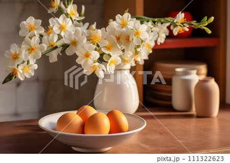 AI-generated content. Rustic kitchen, fresh eggs, floral arrangement. 111322623