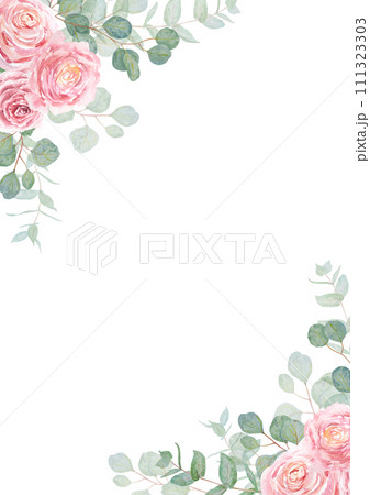 Eucalyptus and pink roses branch watercolor hand drawn floral frame, edge, border. Botanical painting of greenery leaves, pink flowers. Element of wedding invitation, print, greeting, textile, packing 111323303