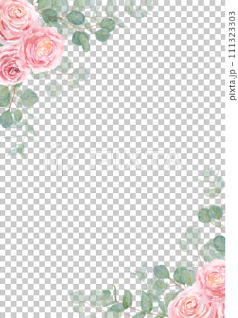 Eucalyptus and pink roses branch watercolor hand drawn floral frame, edge, border. Botanical painting of greenery leaves, pink flowers. Element of wedding invitation, print, greeting, textile, packing 111323303