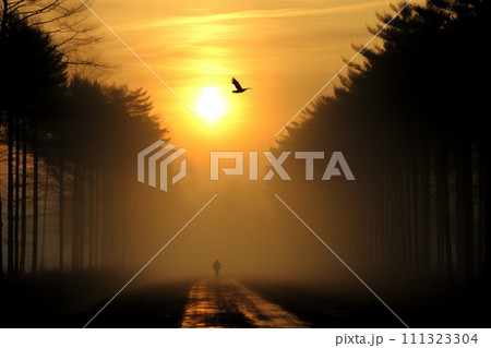 AI-generated content. Mysterious Human Figure Emerging from Mist on a Path Edged by Forest. AI-generated content. Mysterious Human Figure Emerging from Mist on a Path Edged by Forest. 111323304