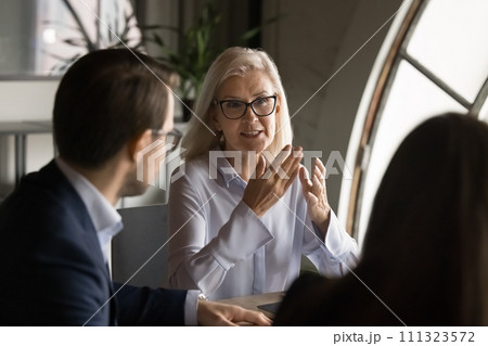 Engaged senior business leader woman speaking to group of colleagues Engaged senior business leader woman speaking to group of colleagues 111323572