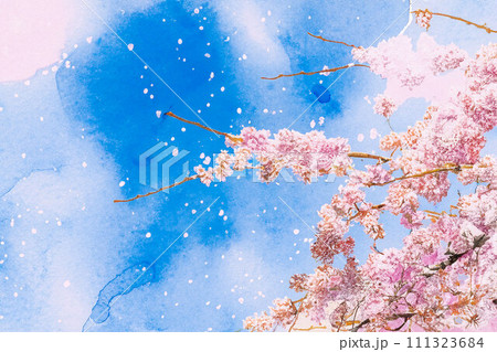 桜吹雪素材】桜と青空と桜吹雪イメージ・水彩画調【長野県】のイラスト