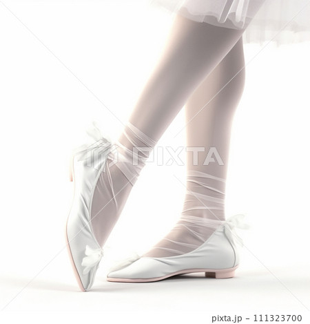 Slender legs of a ballerina dancer in white pointe shoes, isolated on white close-up 111323700