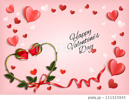 Valentine's Day holiday getting card with red roses and paper hearts. Vector illustration Valentine's Day holiday getting card with red roses and paper hearts. Vector illustration 111323935
