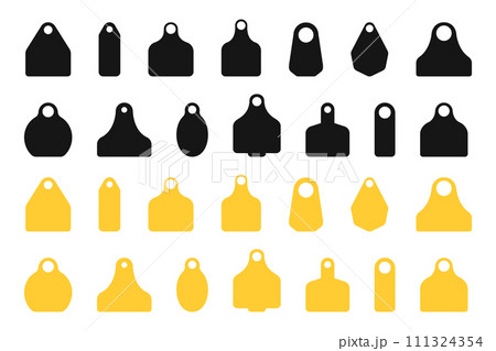 Ear tags for cattle. Set of blank black and yellow identification labels for farm animals. Collection of earmark mockups for livestock isolated on white background 111324354