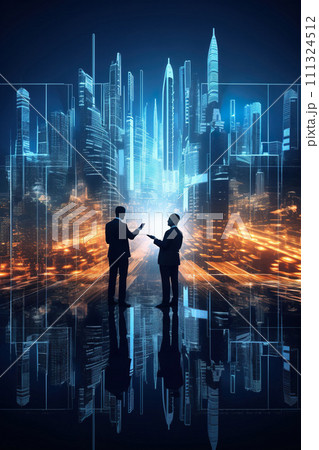 AI-generated content. group of businessman by hologram of real estate and housing development screen, board of directors and futuristic business technology concept, 3d holographic corporate meeting AI-generated content. group of businessman by hologram of real estate and housing development screen, board of directors and futuristic business technology concept, 3d holographic corporate meeting 111324512