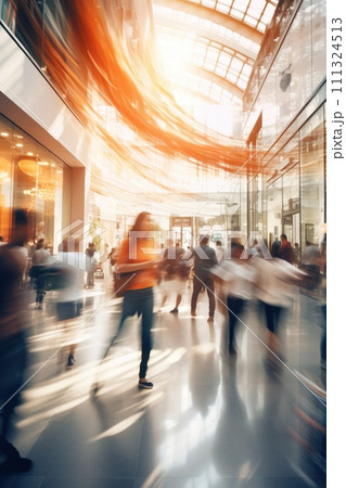 AI-generated content. busy people at shopping mall, blurred motion and selective focus, men and women in rush at retail shop trading center AI-generated content. busy people at shopping mall, blurred motion and selective focus, men and women in rush at retail shop trading center 111324513