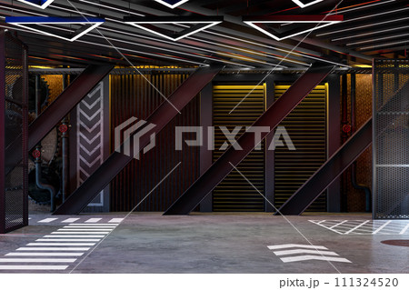 Modern style Industrial loft empty futuristic room with neon light for background 3d render Modern style Industrial loft empty futuristic room with neon light for background 3d render 111324520