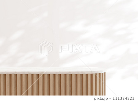 Minimal style luxury podium with wooden slats and white marble top 3d render 111324523