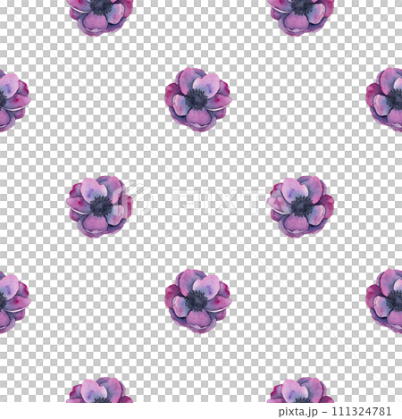anemone flowers seamless pattern in Bright purple colors. Hand drawn Watercolor floral illustration. Botanical art for fabrics, textiles, packaging, backgrounds, scrap paper 111324781