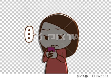 (Upper body diagonal) A woman holding a smartphone and looking at the screen, silent and with a straight face, creating a shadow (Upper body diagonal) A woman holding a smartphone and looking at the screen, silent and with a straight face, creating a shadow 111325683