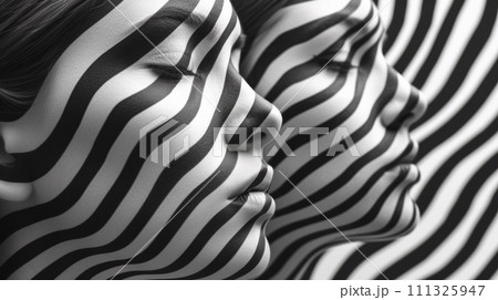Two women with their eyes closed and painted in black and white stripes, AI 111325947