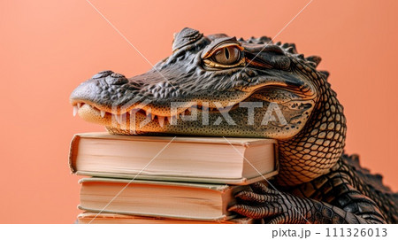 A statue of a crocodile holding books on its head, AI A statue of a crocodile holding books on its head, AI 111326013