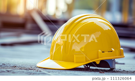 A solitary yellow safety helmet rests on the gritty floor of a construction site, highlighting workplace safety and preparation. A solitary yellow safety helmet rests on the gritty floor of a construction site, highlighting workplace safety and preparation. 111326064