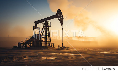 Silhouette of a functioning oil pump jack in a desert with a warm sunset backdrop, illustrating energy production and extraction processes. Silhouette of a functioning oil pump jack in a desert with a warm sunset backdrop, illustrating energy production and extraction processes. 111326079