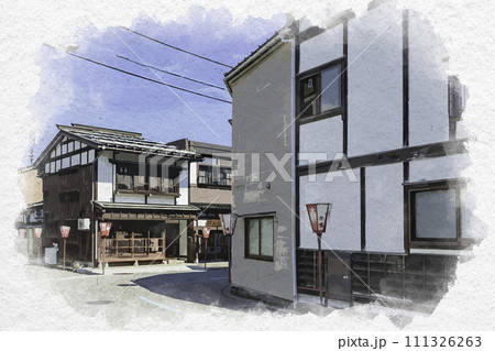 水彩画風　越中八尾　今町の町並み　富山県富山市 111326263