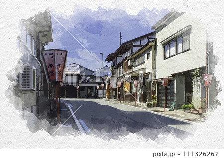水彩画風　越中八尾　今町の町並み　富山県富山市 111326267