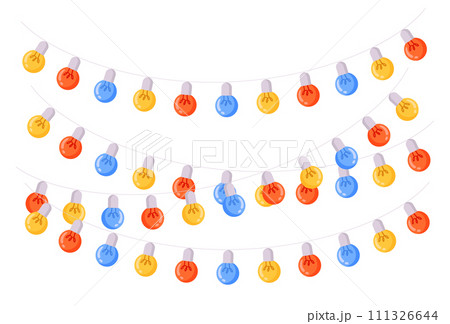 Birthday party garlands. Cartoon festive lamp garland, light holidays decoration flat vector Illustration set. Party glowing lights bulbs 111326644