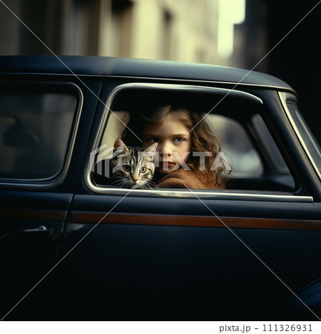 パリの街角でフランス人女の子と猫がレトロな車の窓から外を眺めている パリの街角でフランス人女の子と猫がレトロな車の窓から外を眺めている 111326931