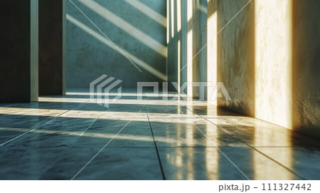 AI-generated content. 3d rendering of empty corridor interior with light and shadow from window AI-generated content. 3d rendering of empty corridor interior with light and shadow from window 111327442