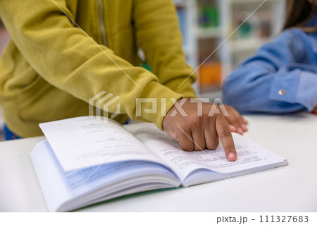 Little boy reading book in school library. Little boy reading book in school library. 111327683