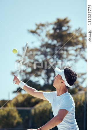 Professional tennis player man, fitness athlete and sports playing match, action and game with racket outdoors. Competitive, motivation and young focus guy serve, hit and practice healthy training Professional tennis player man, fitness athlete and sports playing match, action and game with racket outdoors. Competitive, motivation and young focus guy serve, hit and practice healthy training 111327773