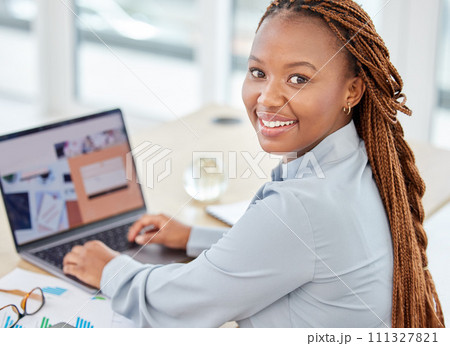 Black woman manager on laptop planning and working with company business email, SEO chart and graph for success. Corporate management employee with online internet ui pc notebook analytics 111327821