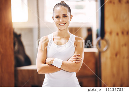 Portrait of happy athlete, gym woman and personal trainer coach with motivation for sports training, fitness and wellness exercise. Ready, smile and proud healthy workout, strong body and lifestyle 111327834