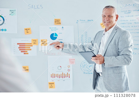 Finance, accounting and presentation businessman, accountant or speaker with analytics data chart, financial report or update meeting. CEO, manager or boss presenter on company sales proposal review 111328078