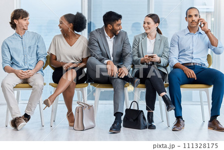 Business communication, team conversation and talking of corporate staff waiting for an interview. Happy discussion of office workers on lunch relax before a job recruitment and hiring opportunity Business communication, team conversation and talking of corporate staff waiting for an interview. Happy discussion of office workers on lunch relax before a job recruitment and hiring opportunity 111328175